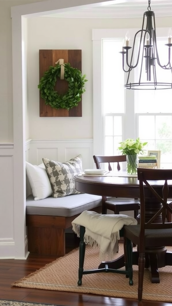 A cozy nook with a round table, bench seating, and a wreath on the wall.