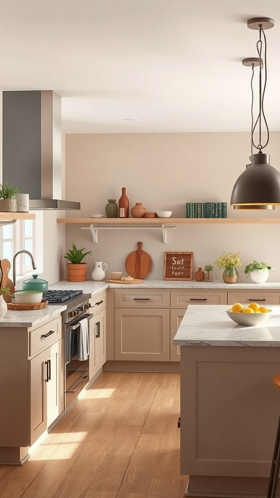 A cozy kitchen with a harmonious color palette featuring soft neutrals and earthy tones.