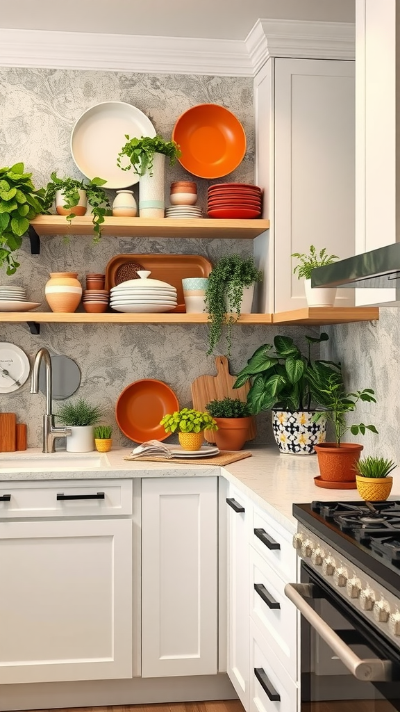 A cozy kitchen with open shelves displaying colorful plates and potted plants.