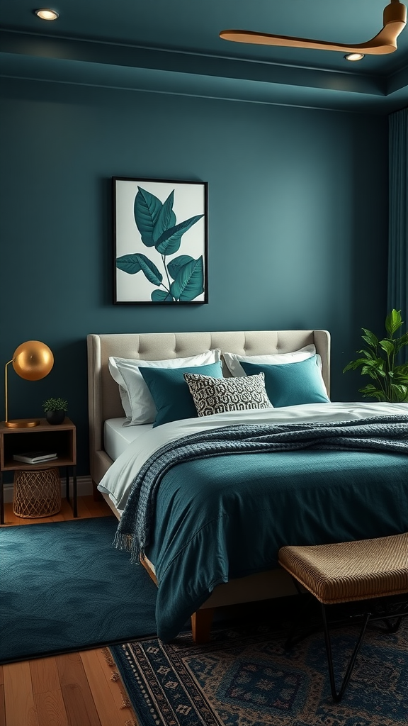 A cozy bedroom featuring dark teal walls, a plush bed with teal and blue accents, and a stylish plant.