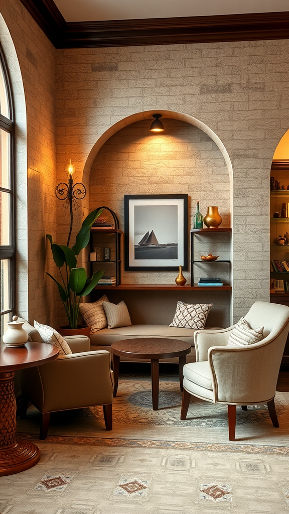 Cozy reading nook with comfortable chairs, a round table, and bookshelves.