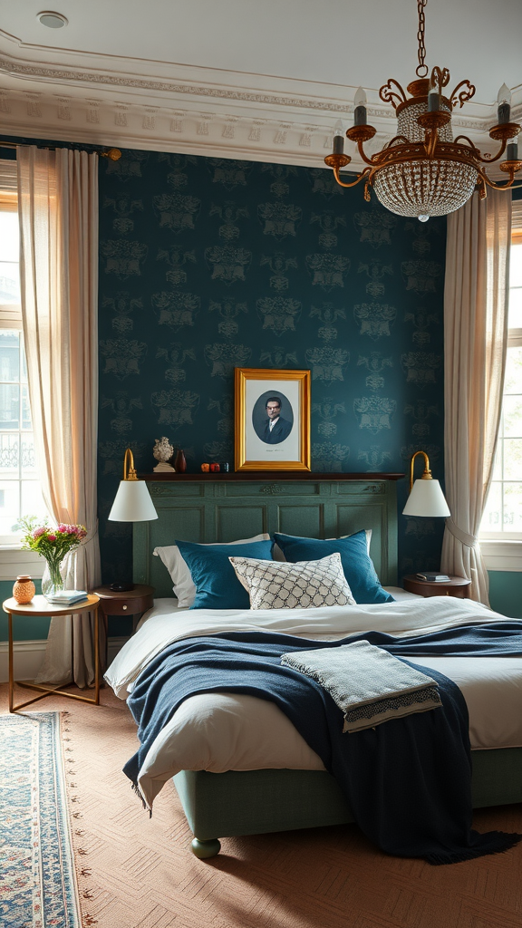 A cozy bedroom with dark teal wallpaper, elegant light fixtures, blue accent pillows, and framed art.