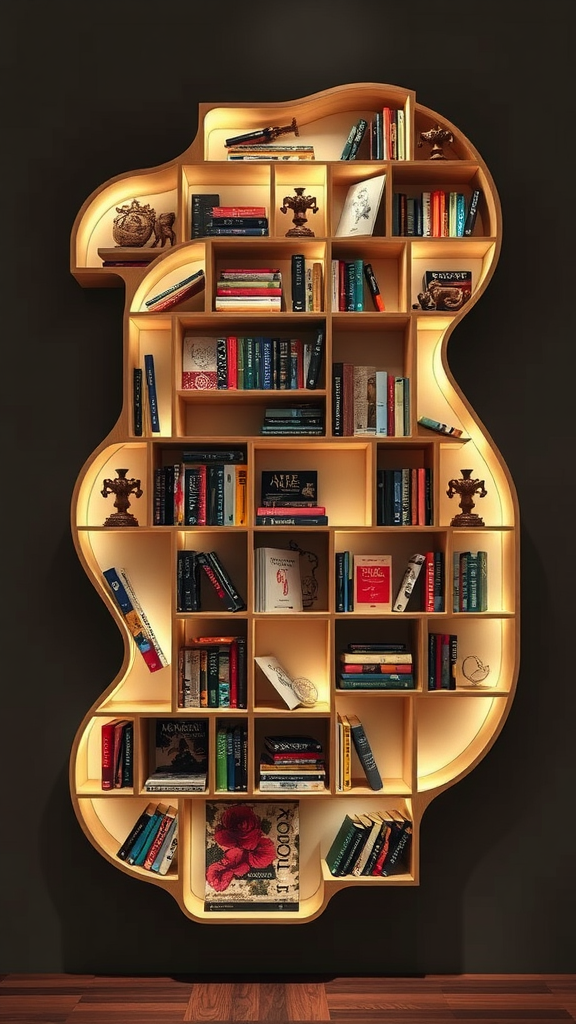 Guitar-shaped bookshelf filled with books and decorative items, illuminated by warm light.