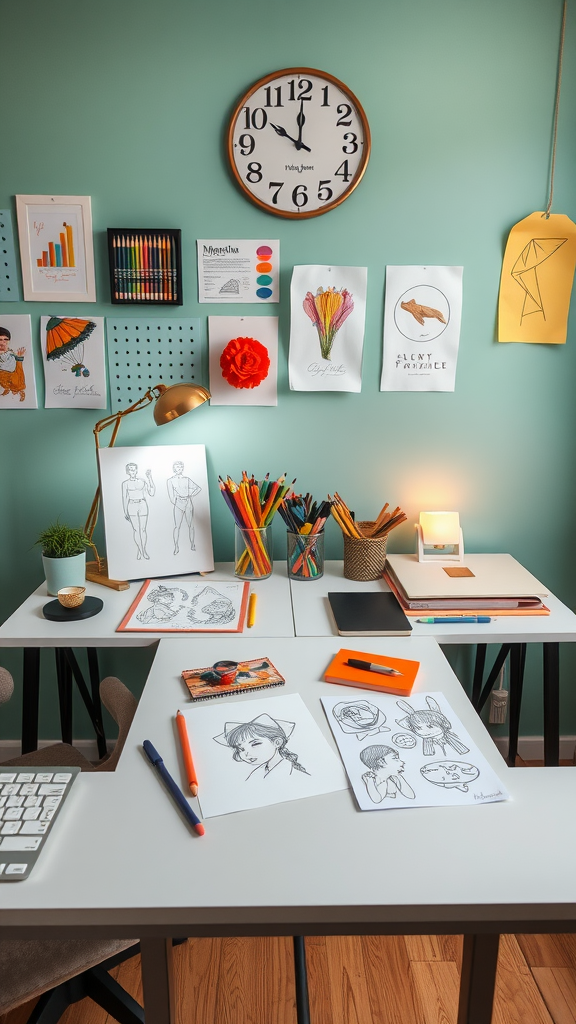 A shared workspace featuring two desks with various art supplies, sketches, and colorful decorations on the wall.