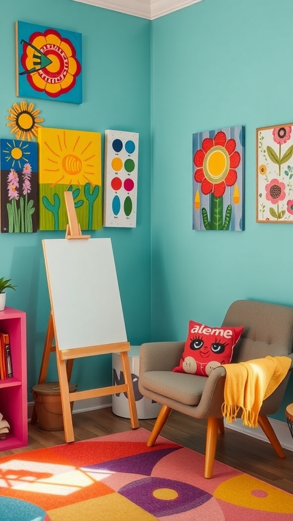 A cozy reading nook with colorful artwork, a gray armchair, and a pink shelf.