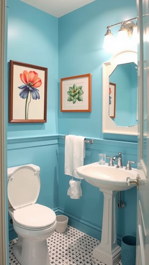 Brightly colored bathroom with blue walls and floral artwork