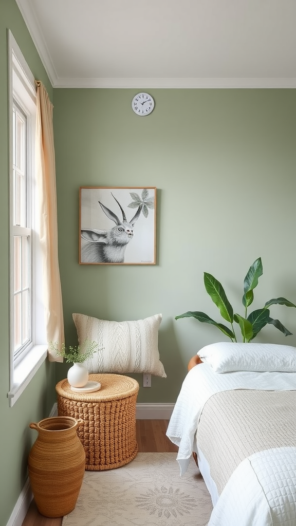 A serene bedroom featuring sage green walls, light bedding, a woven basket, and a plant.