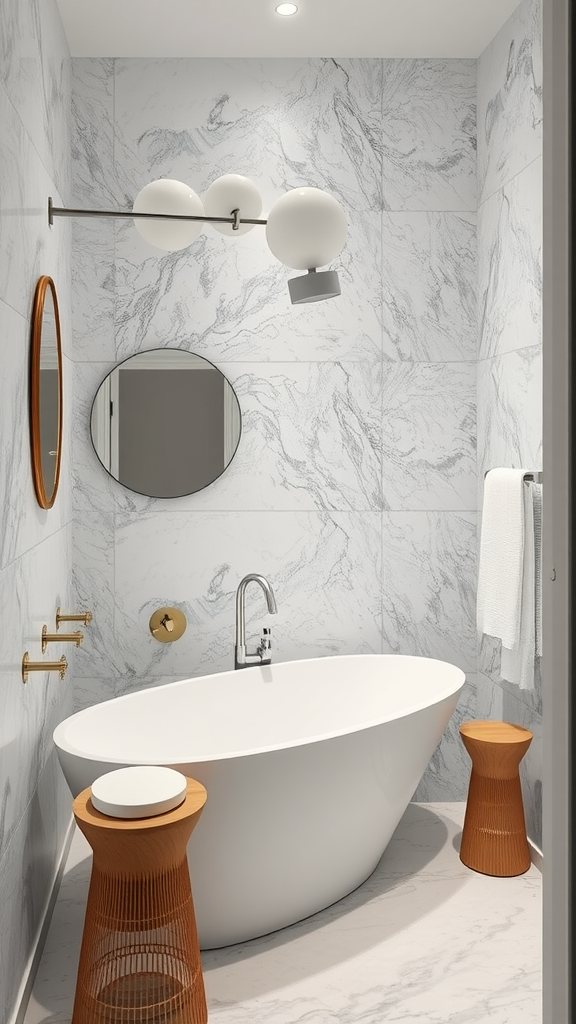 A modern bathroom featuring a stylish bathtub, marble walls, and contemporary lighting.