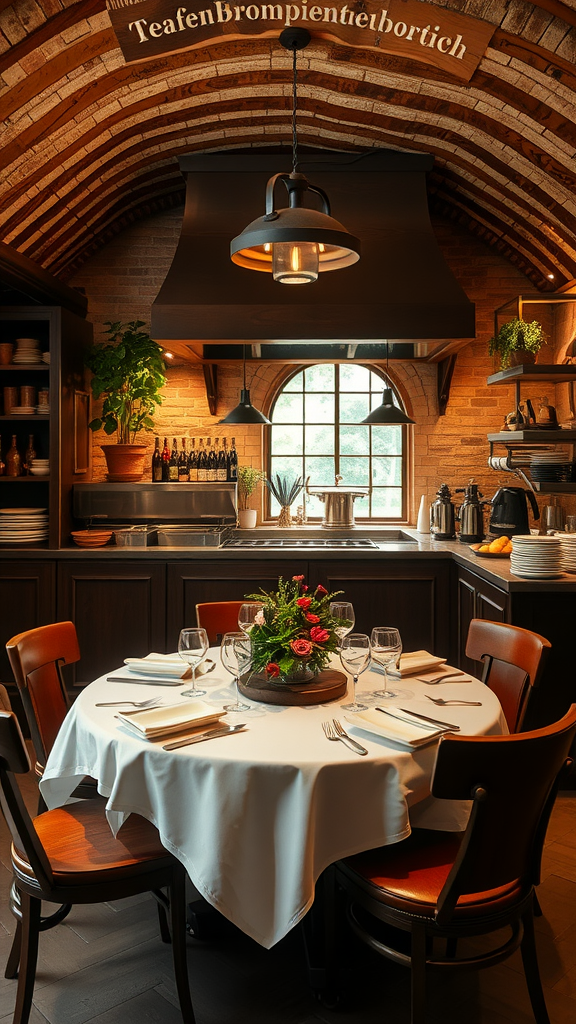 A beautifully arranged dining table with a rustic kitchen in the background.