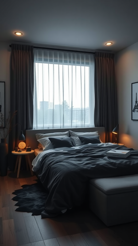 Cozy dark bedroom with soft lighting, fluffy cushions, and modern decor.