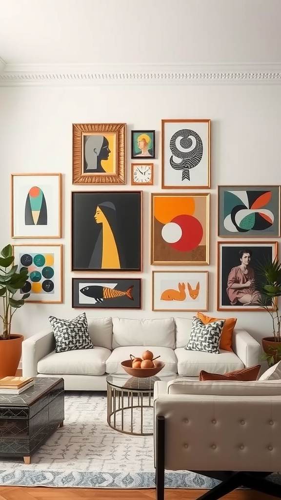 A cozy living room featuring a curated gallery wall with various framed artworks above a white sofa.