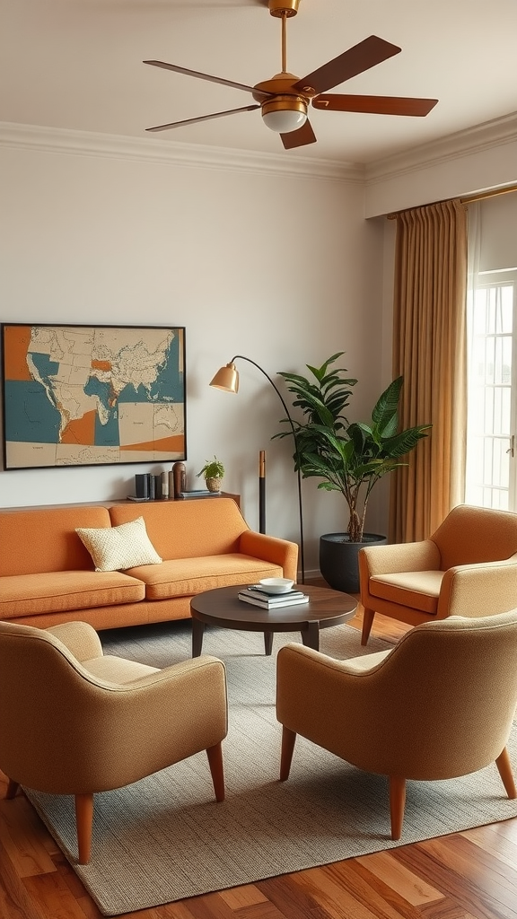 A cozy living room with a curved orange sofa, rounded armchairs, a circular coffee table, and a leafy plant.