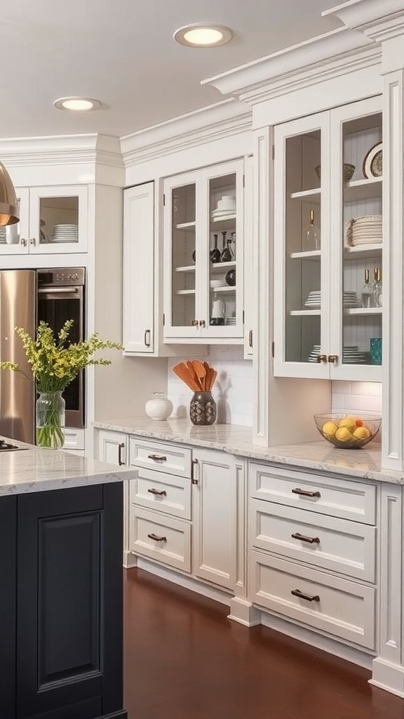 A modern kitchen featuring elegant custom built-in cabinets with glass doors and sleek handles.