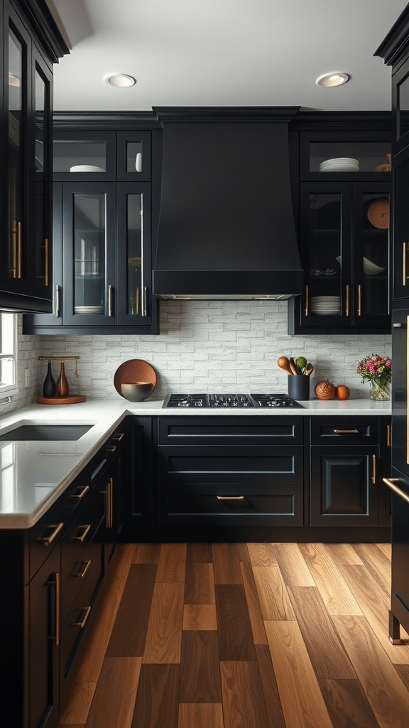 A modern kitchen showcasing dark cabinets, a sleek stovetop, and wooden flooring.