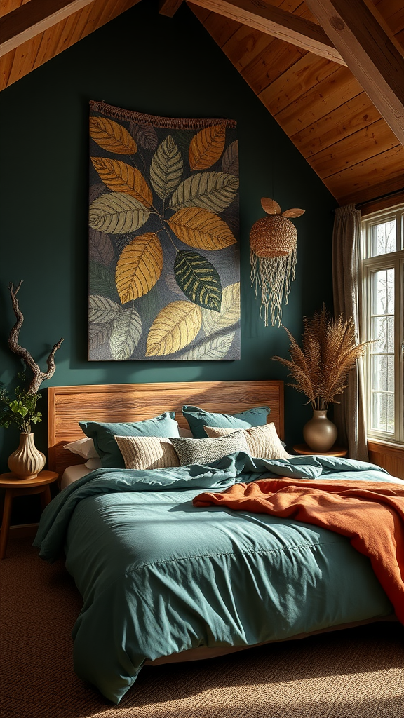 A cozy dark teal bedroom featuring earthy tones with a wooden bed, colorful bedding, and natural decor elements.