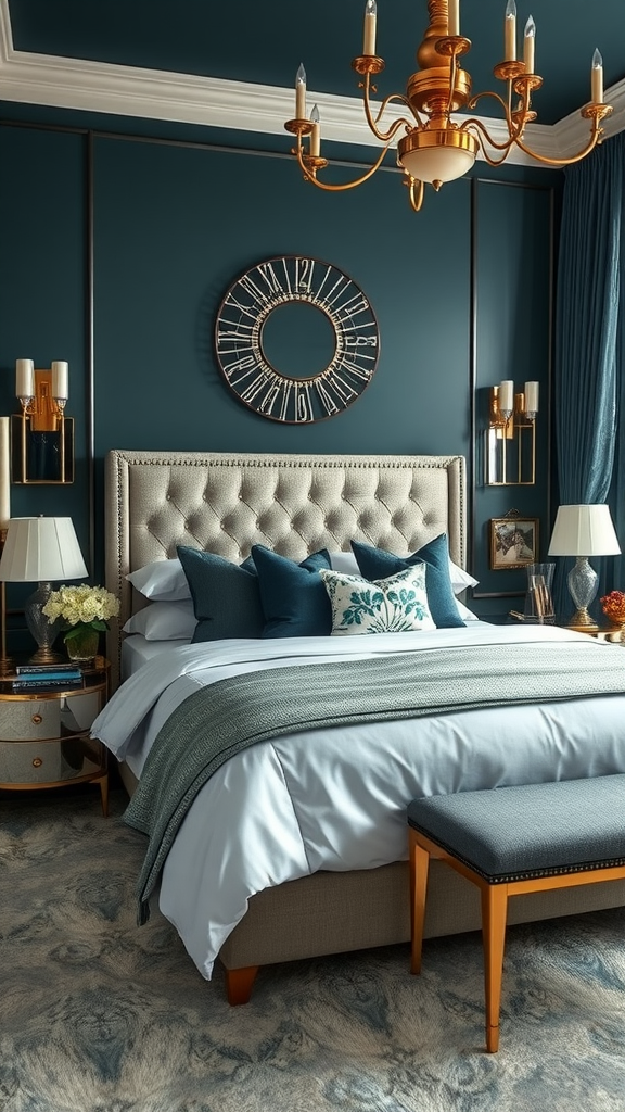 A beautifully designed dark teal bedroom with metallic accents, featuring a plush bed, decorative pillows, a chandelier, and stylish furniture.