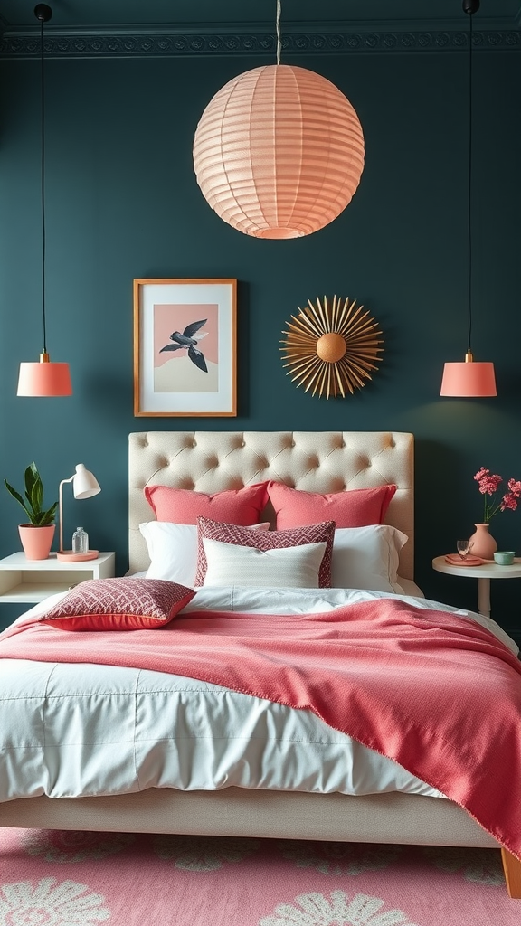 A stylish bedroom featuring dark teal walls and pink accent decor, including bedding and lamps.