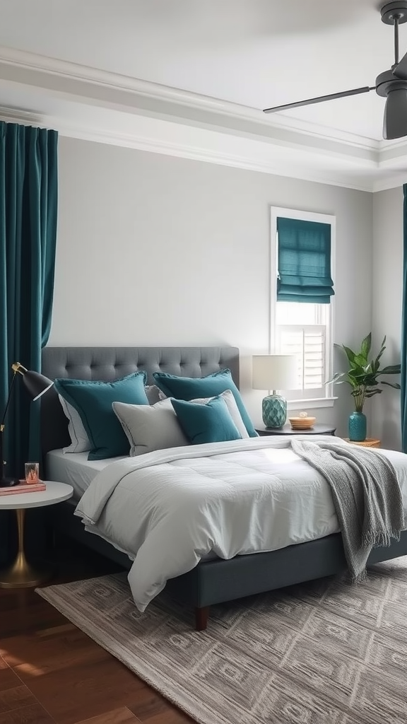 Cozy bedroom with dark teal curtains and pillows, soft gray walls, and wooden floor.