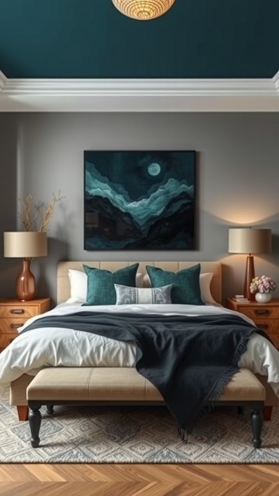 A stylish bedroom with dark teal ceiling and artwork, featuring a neutral bed and warm wooden furniture.