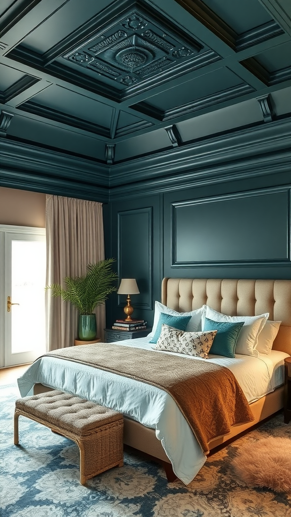 A beautifully designed bedroom featuring dark teal ceilings and warm tones in decor.