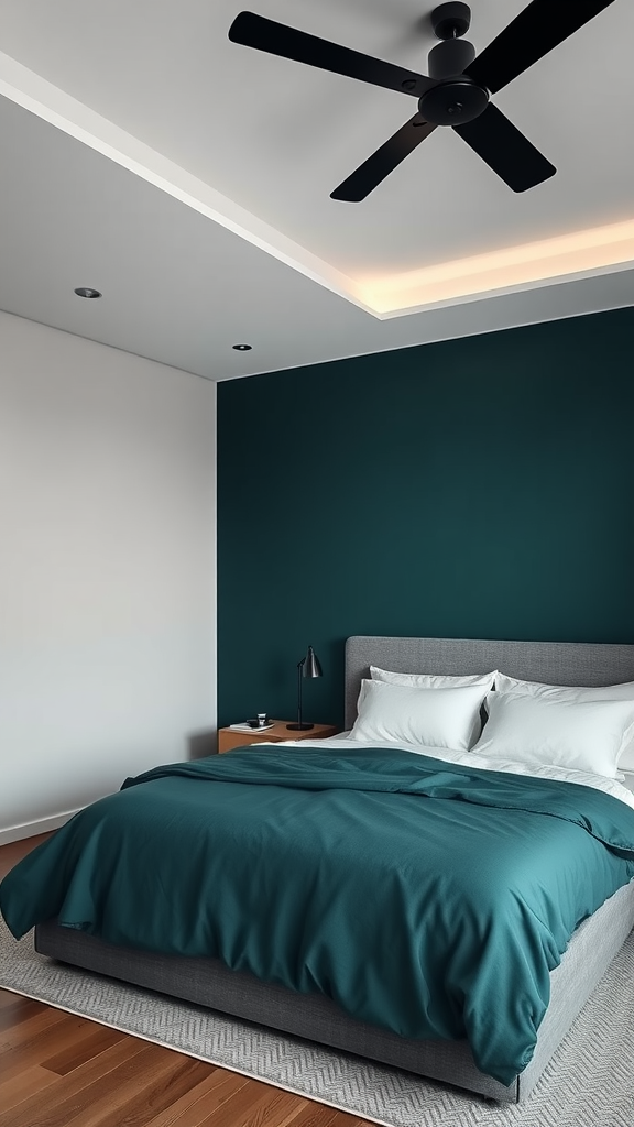 A modern minimalist bedroom with dark teal walls and a grey bed.