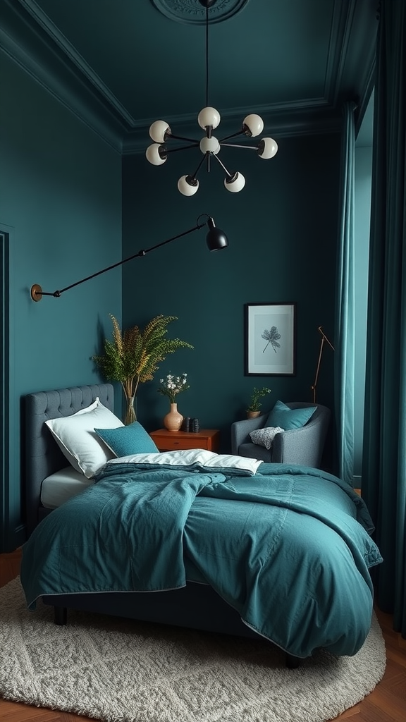 Cozy dark teal bedroom with stylish decor