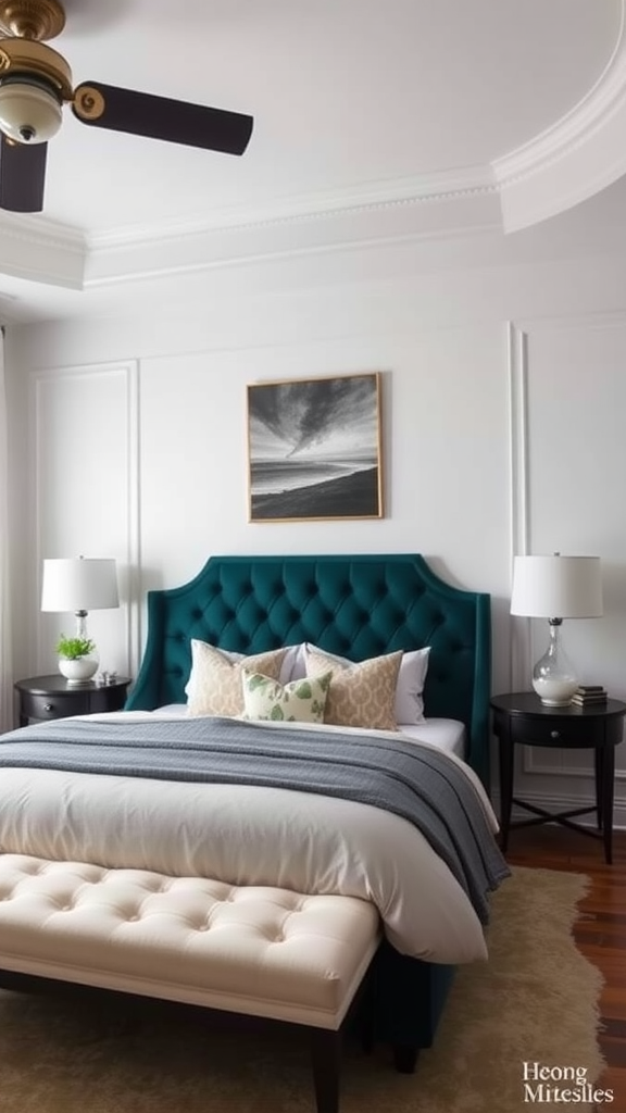 A stylish bedroom featuring a dark teal tufted headboard, light bedding, and a decorative bench.