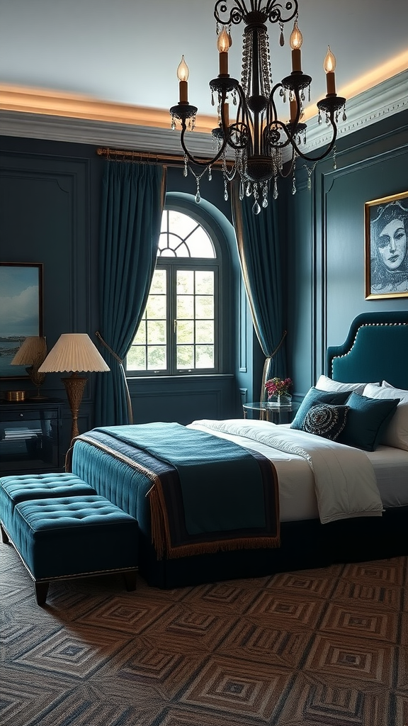 A luxurious dark teal bedroom with elegant decor, featuring a chandelier and plush furnishings.