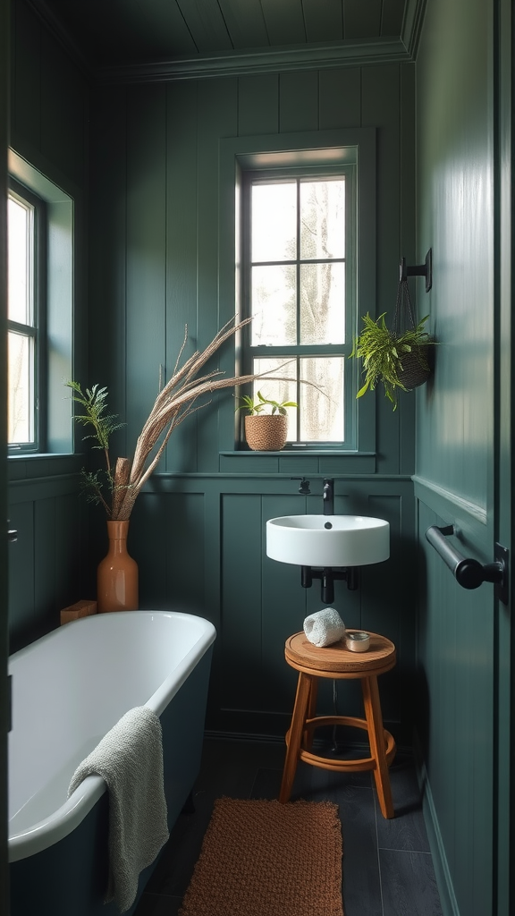 A cozy bathroom painted in deep forest green with a bathtub, sink, and plants.