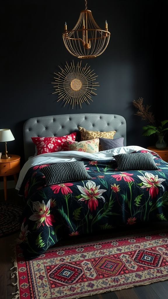 A dark boho bedroom featuring a floral quilt, moody walls, and decorative elements.