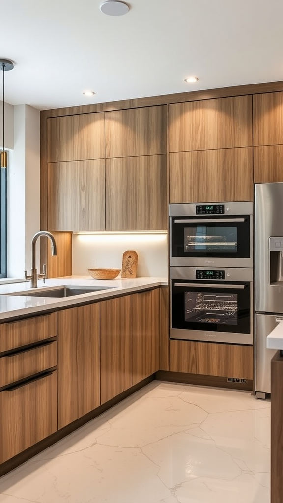 Modern kitchen with built-in appliances and wooden cabinetry.