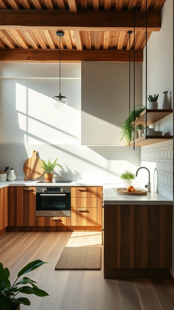 A bright kitchen featuring wooden cabinets, natural light, and plants