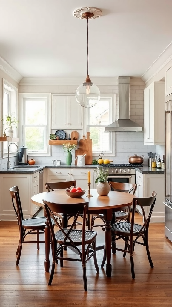 A bright kitchen with a round wooden table, filled with fruits and surrounded by wooden chairs, showcasing a warm and inviting space.