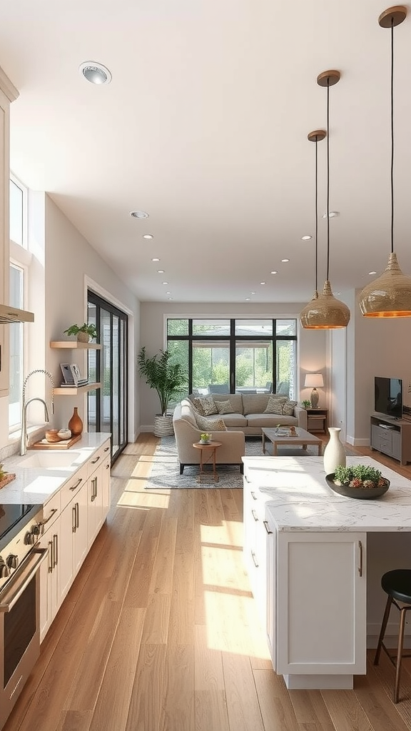 Open concept kitchen and living room with natural light and modern decor.