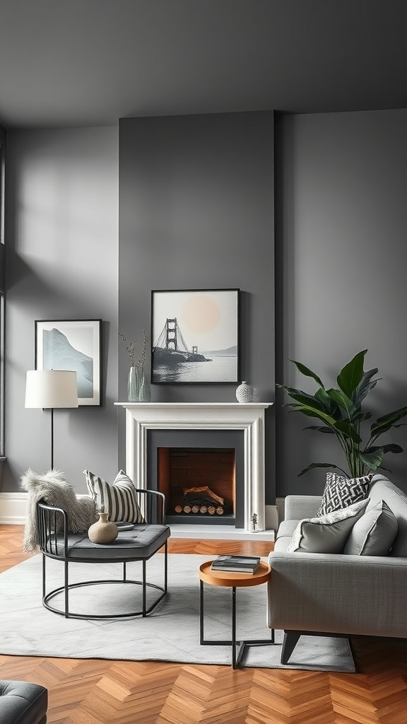 A modern living room with gray walls, stylish furniture, and a cozy fireplace.