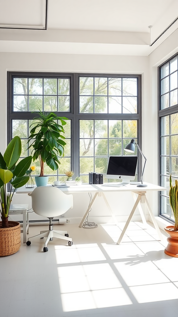 A well-lit home office with a double desk setup, featuring large windows and plants