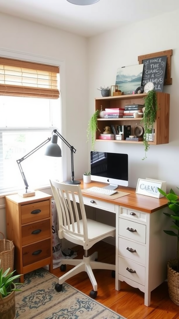 Cozy home office with two desks, storage drawers, and plants.