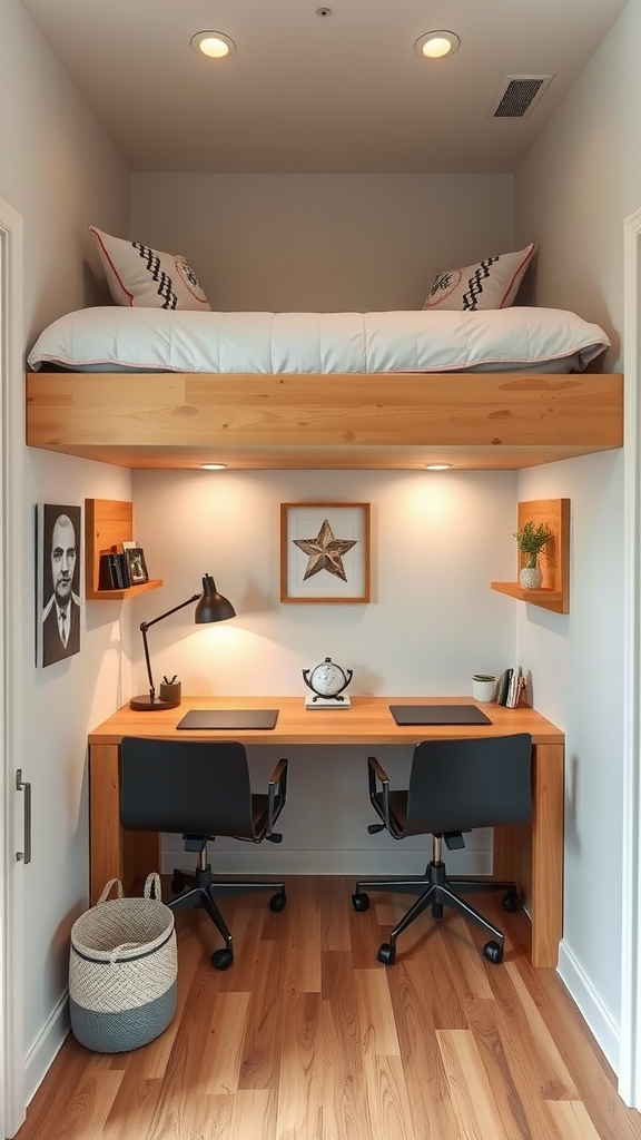 A cozy double desk setup under a loft bed, featuring two chairs and shelves for storage.