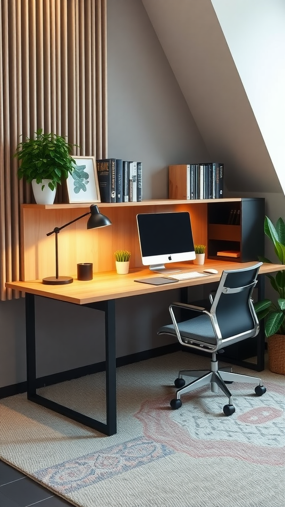 Double desk setup in a modern home office with stylish design and plants