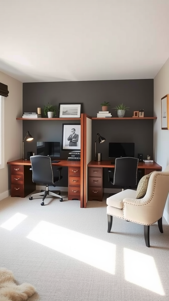 A home office layout featuring two desks with dividers and stylish decor.