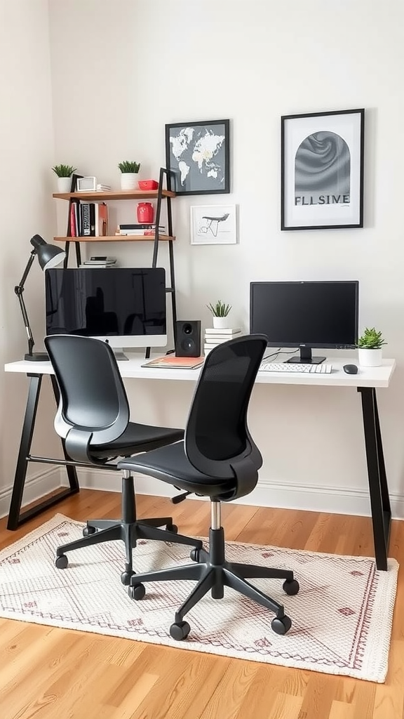 Modern double desk setup with ergonomic chairs and dual monitors in a stylish home office