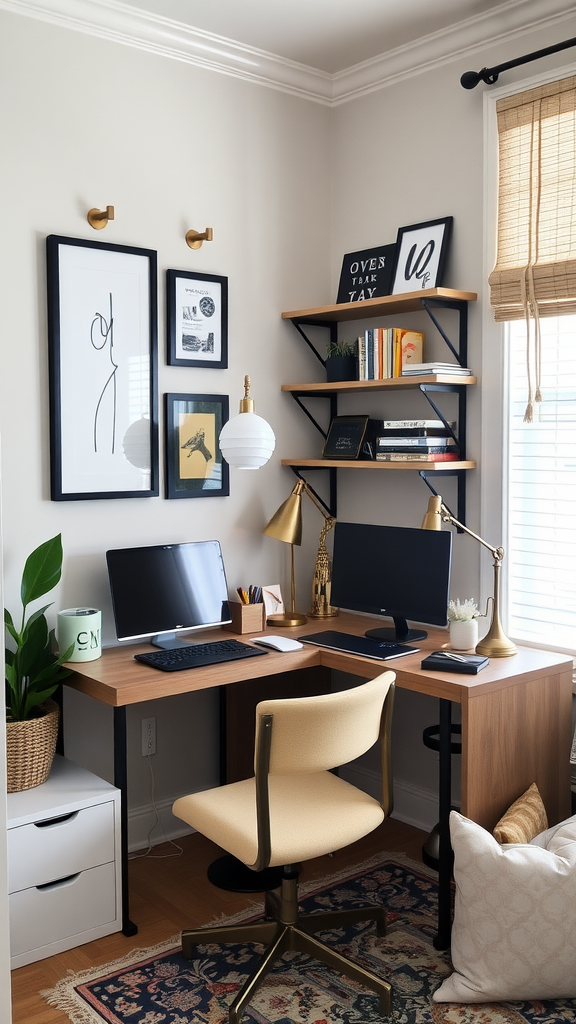 A cozy home office with two desks arranged in an L-shape, decorated with personalized accessories and plants.