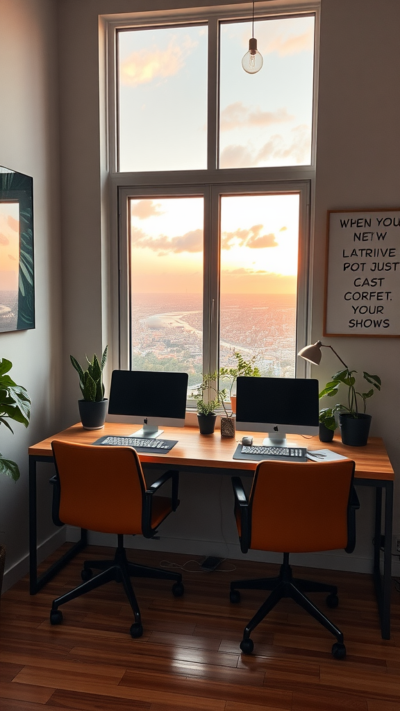 A cozy double workspace with two desks, orange chairs, and a view of the sunset.