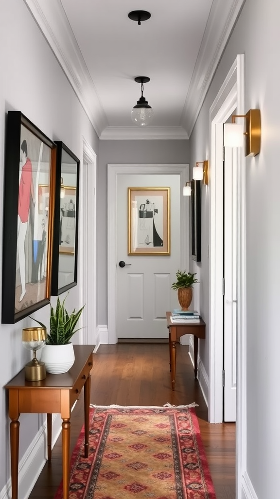 A stylish hallway featuring framed artwork, decorative plants, and elegant lighting.