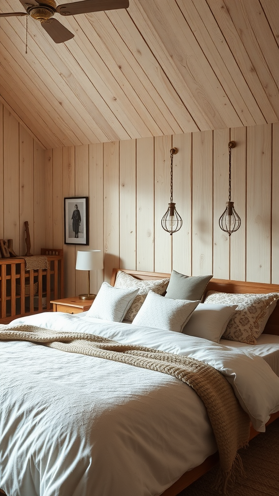 Cozy bedroom with wood paneling, a bed with decorative pillows, and a warm atmosphere.