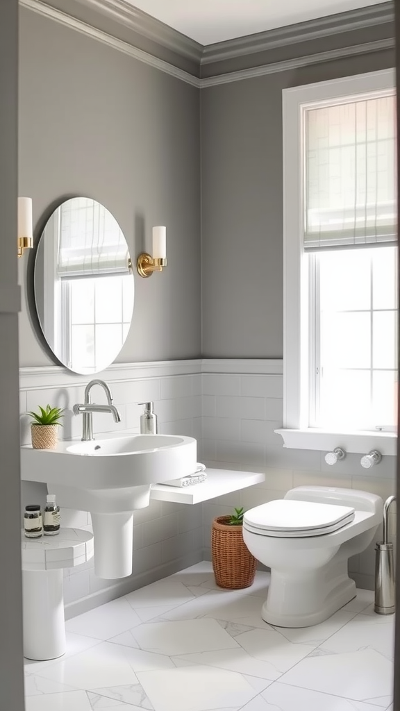 A modern bathroom featuring gray walls, a round mirror, stylish fixtures, and a clean design.