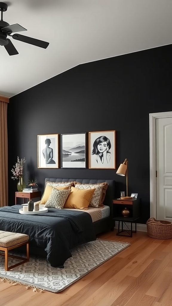 A stylish bedroom featuring a black accent wall, modern bed design, and contemporary decor elements.