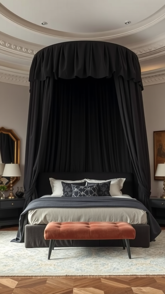 A dramatic canopy bed with dark fabric, fluffy cushions, and contemporary decor elements.