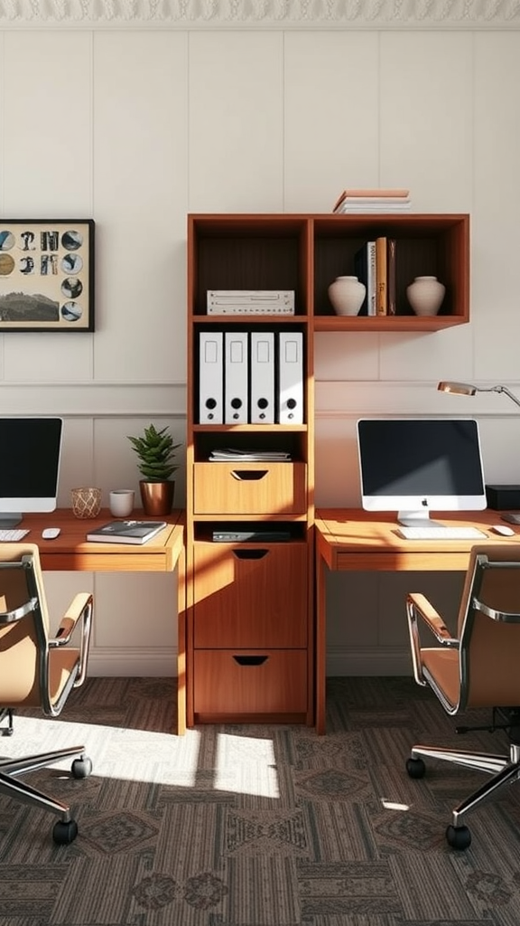 A home office featuring two desks with shared storage in between, showcasing a modern and functional design.