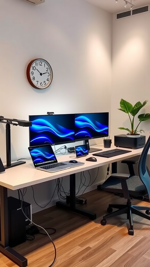 A modern dual workstation setup featuring two computer screens, laptops, and a plant in a home office.